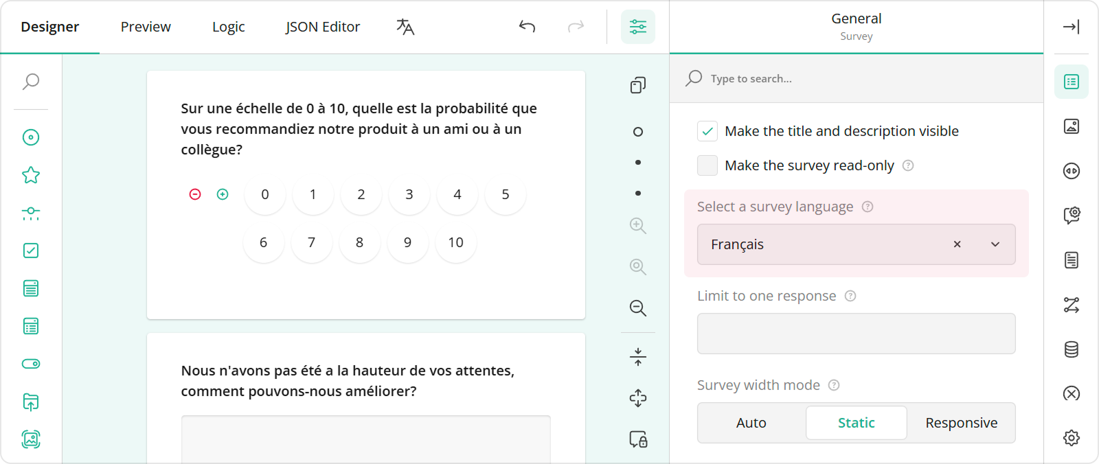 Select a default language for a survey