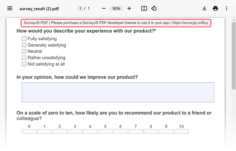 Survey Now PDF Generator: Alert banner