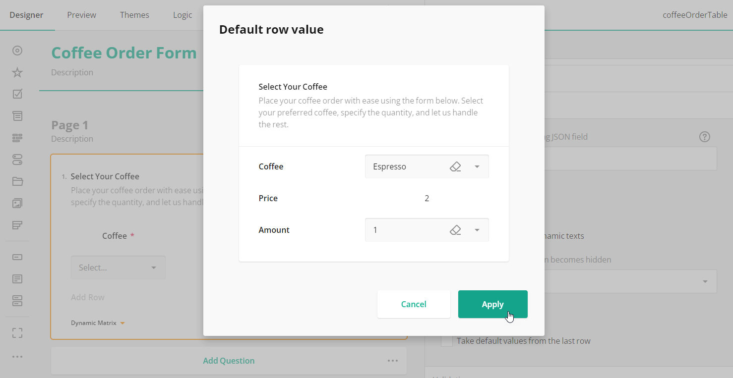 Survey Now: Specify Default Row Values