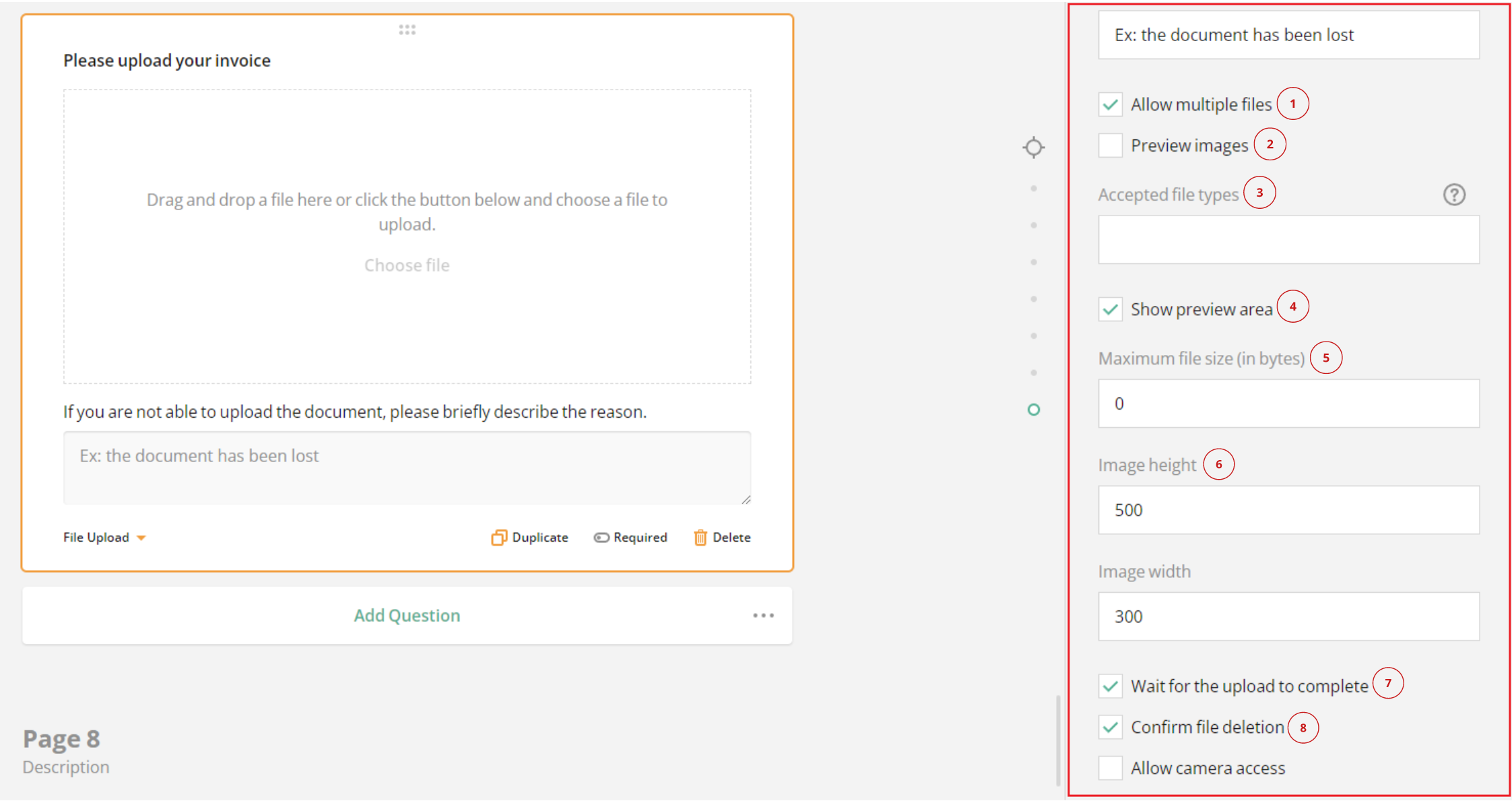 Settings for the File Upload question | Survey Now.