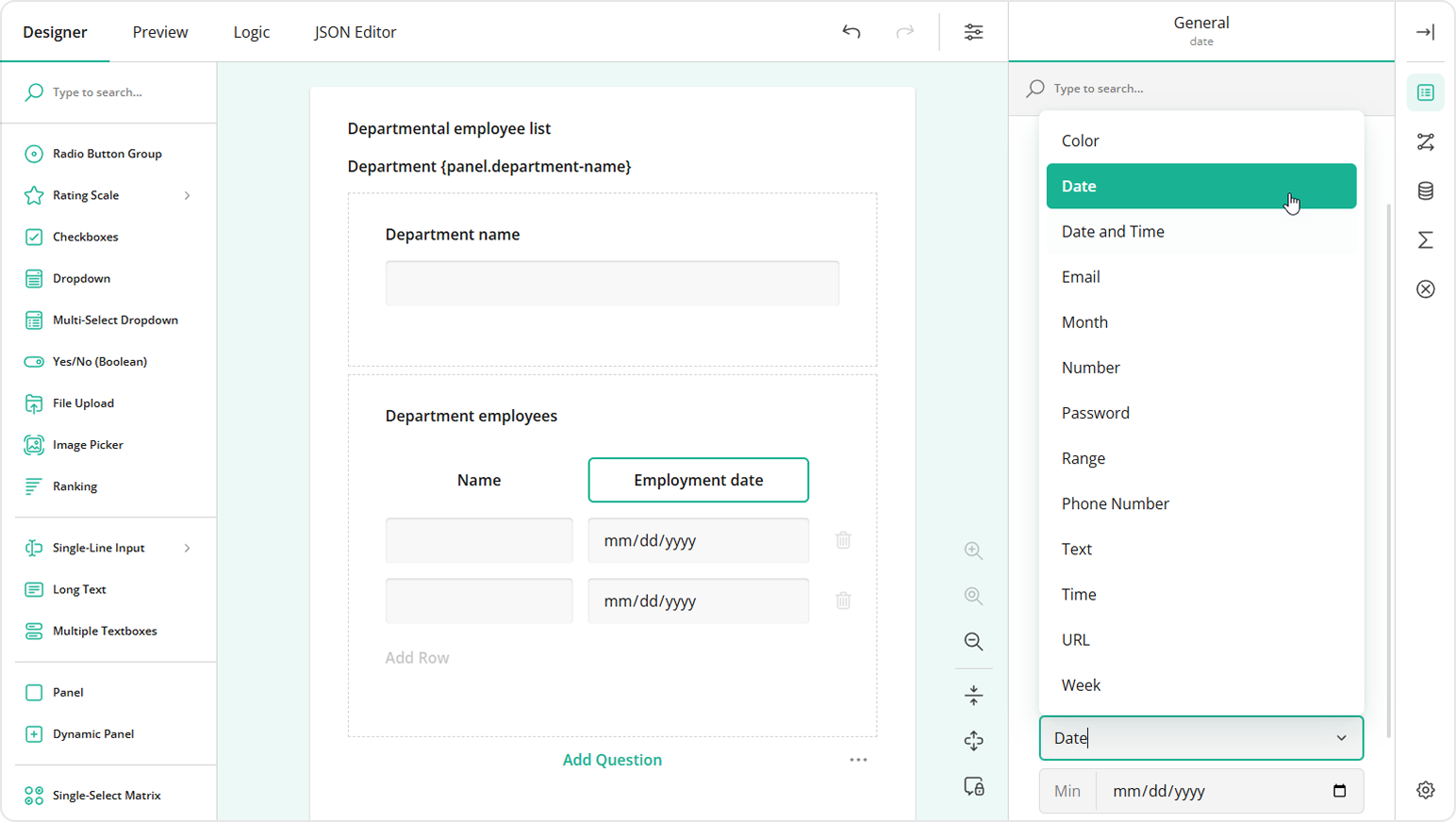 Set the Input Type to Date for Employment date column
