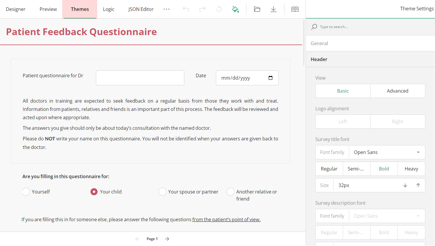 Survey Now Creator: Theme editor tab