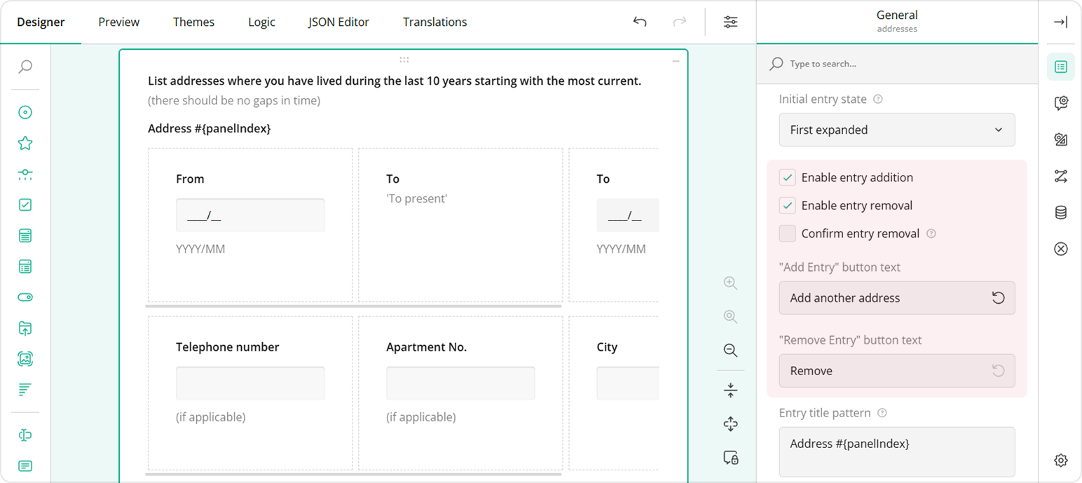 Enable users to add and remove dynamic sections