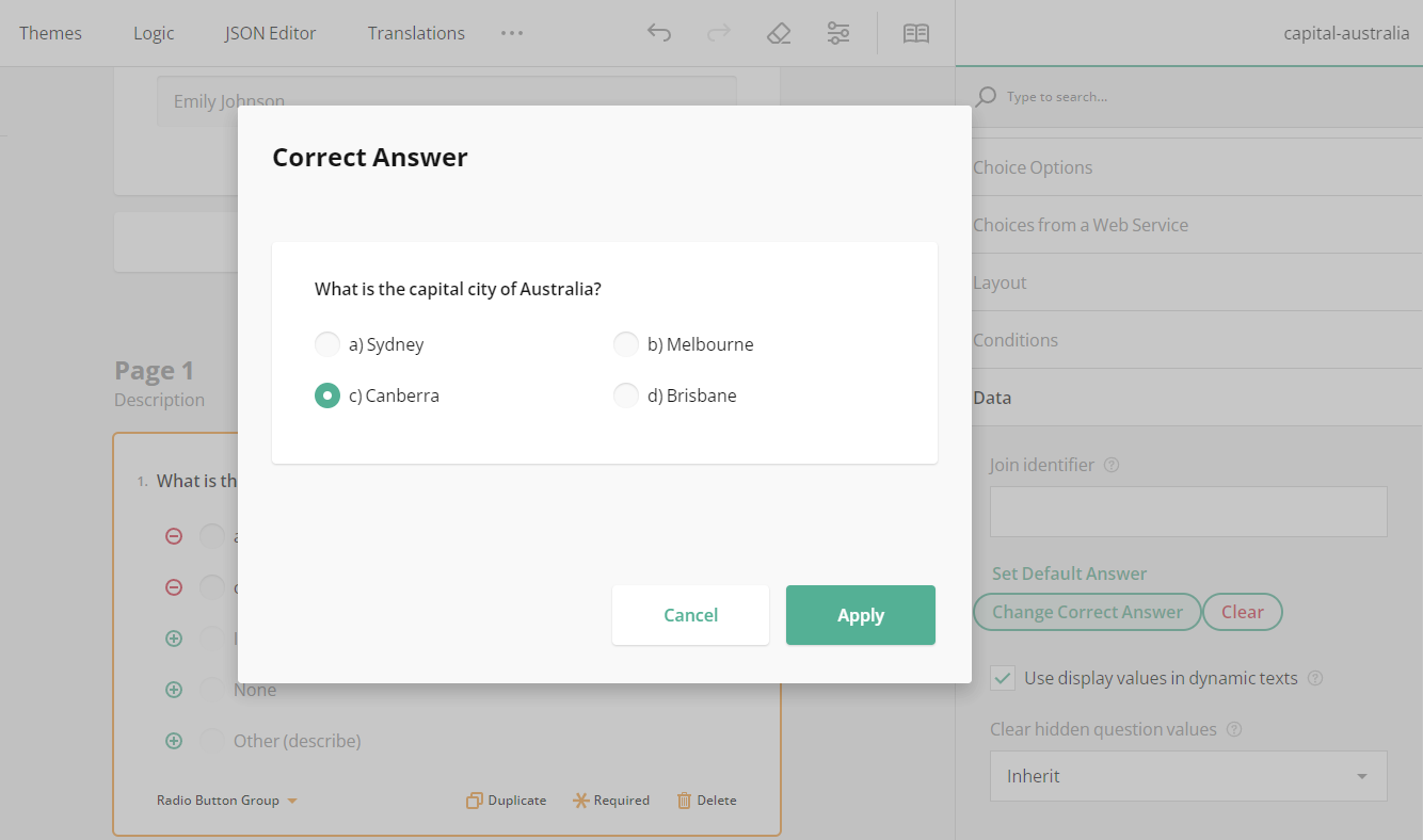 Survey Now Quiz Maker: Set a correct answer