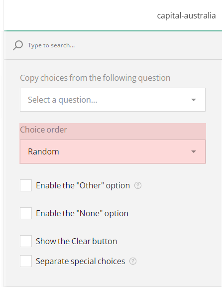 Survey Now Quiz Maker: Randomize question choice order