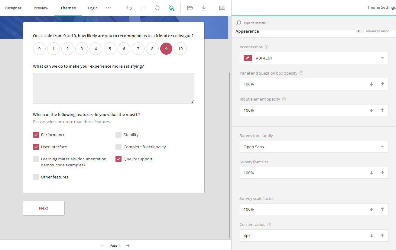 Theme Editor: A Survey Now form with a changed accent color