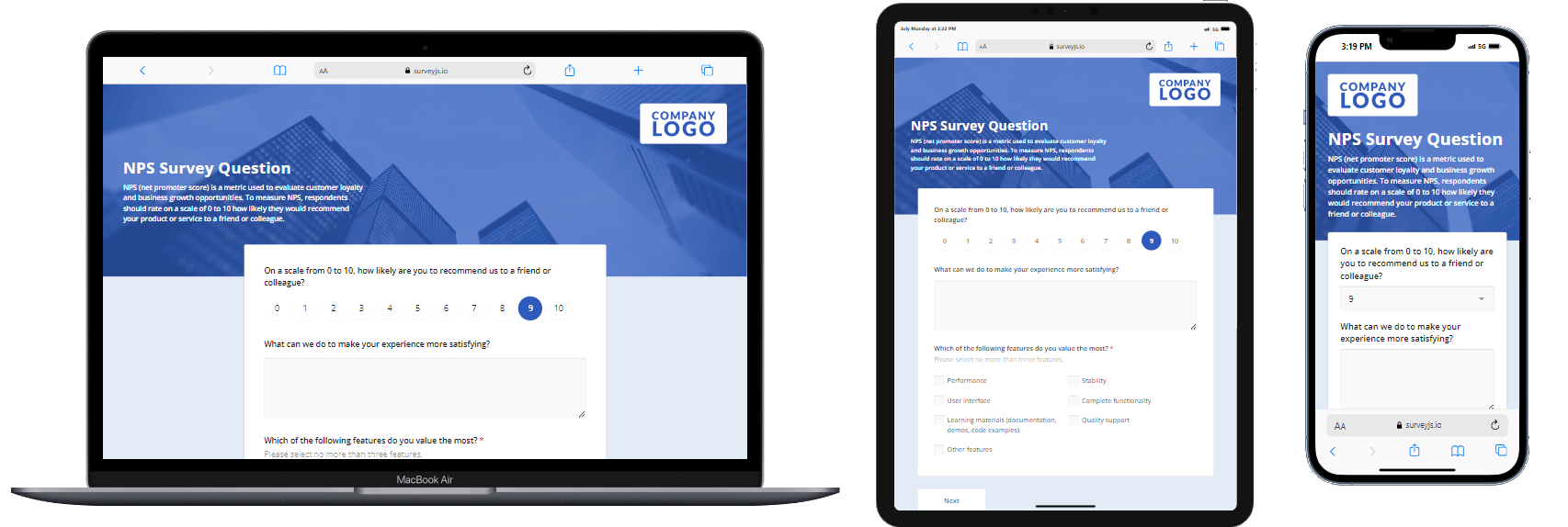 Styled Survey Now forms on different devices