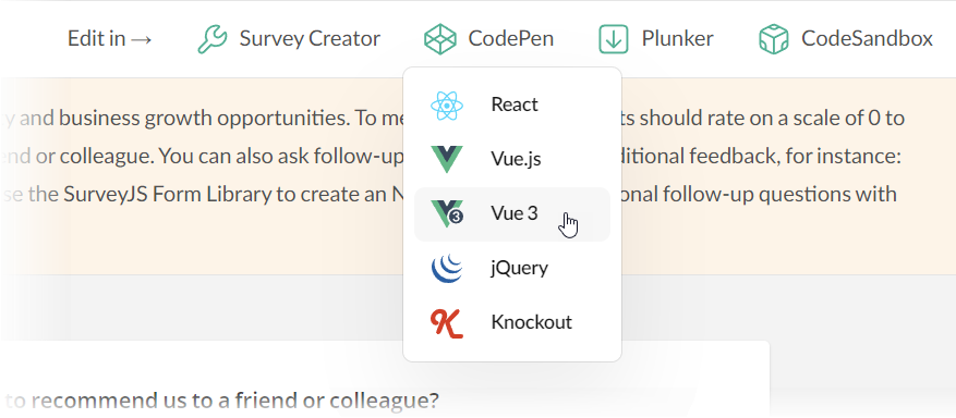 Survey Now: Edit demo code in CodePen