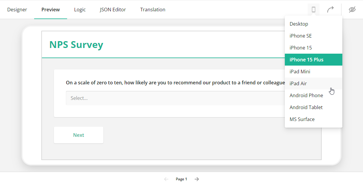 Survey Now Creator: Device list in the Preview tab