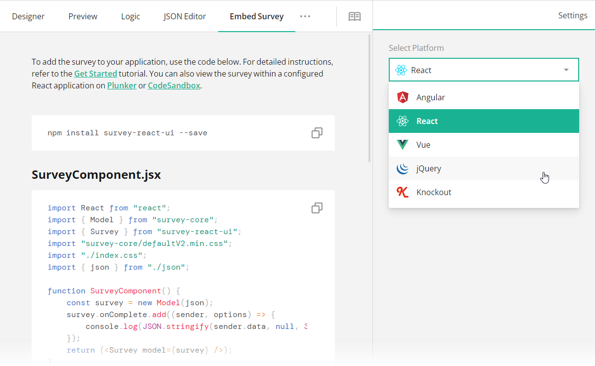 Survey Now Creator - Embed Survey tab