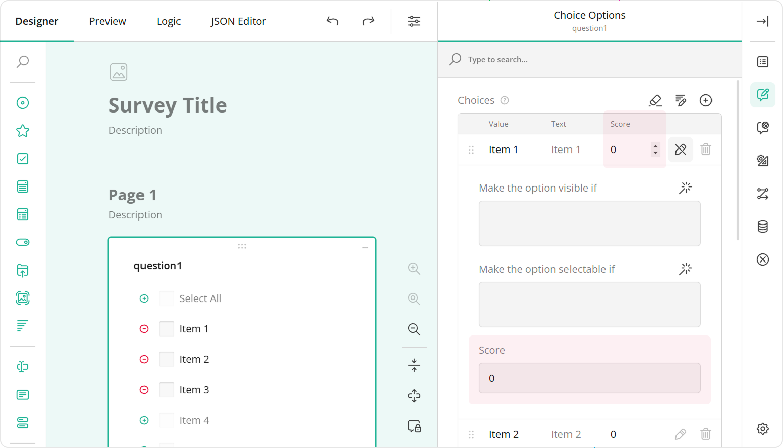 Survey Creator: Position a property editor within a table editor in Property Grid