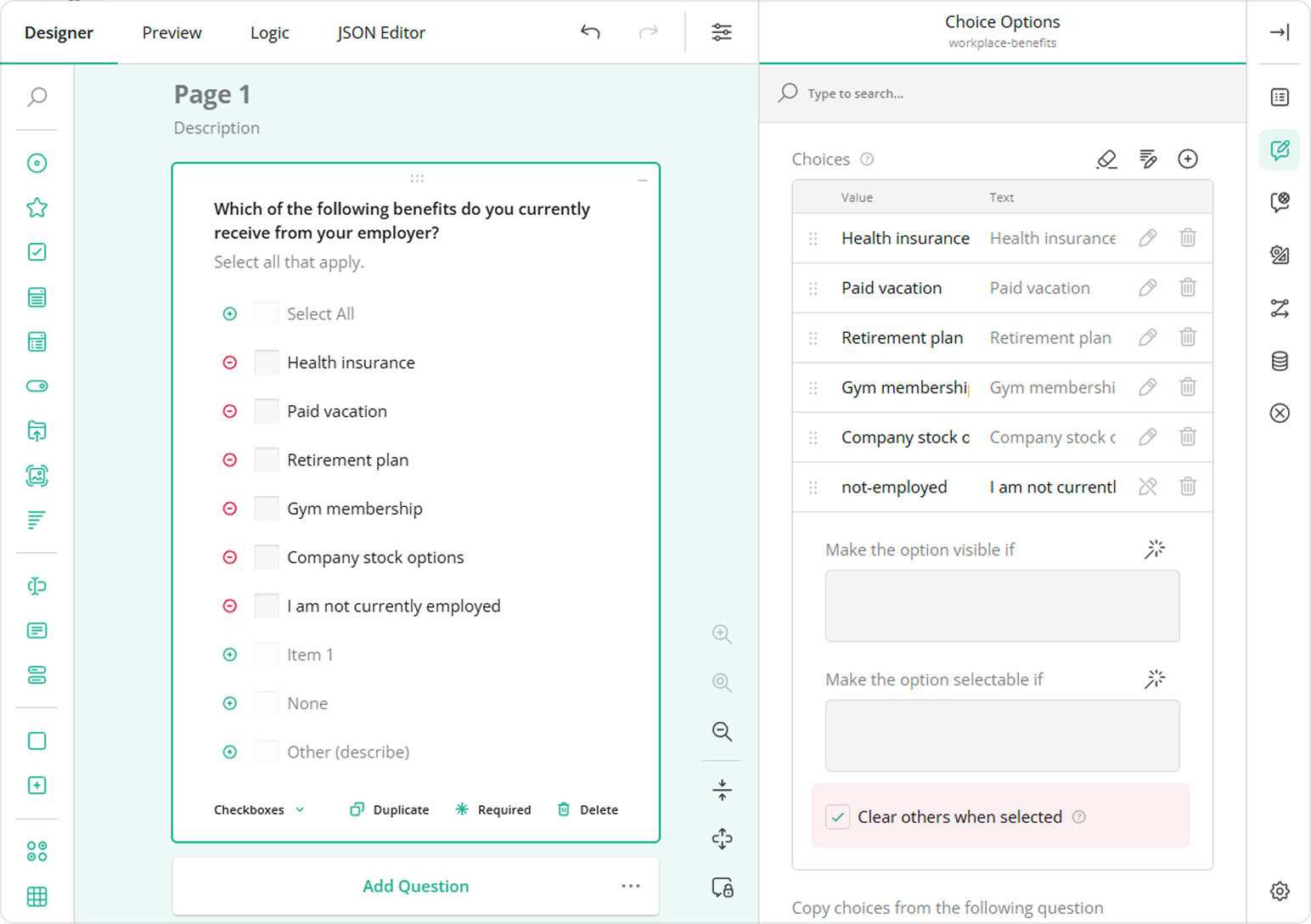 Survey Creator: 'Clear other when selected' option