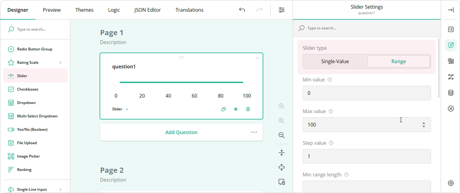 Slider and Range Slider in Survey Creator