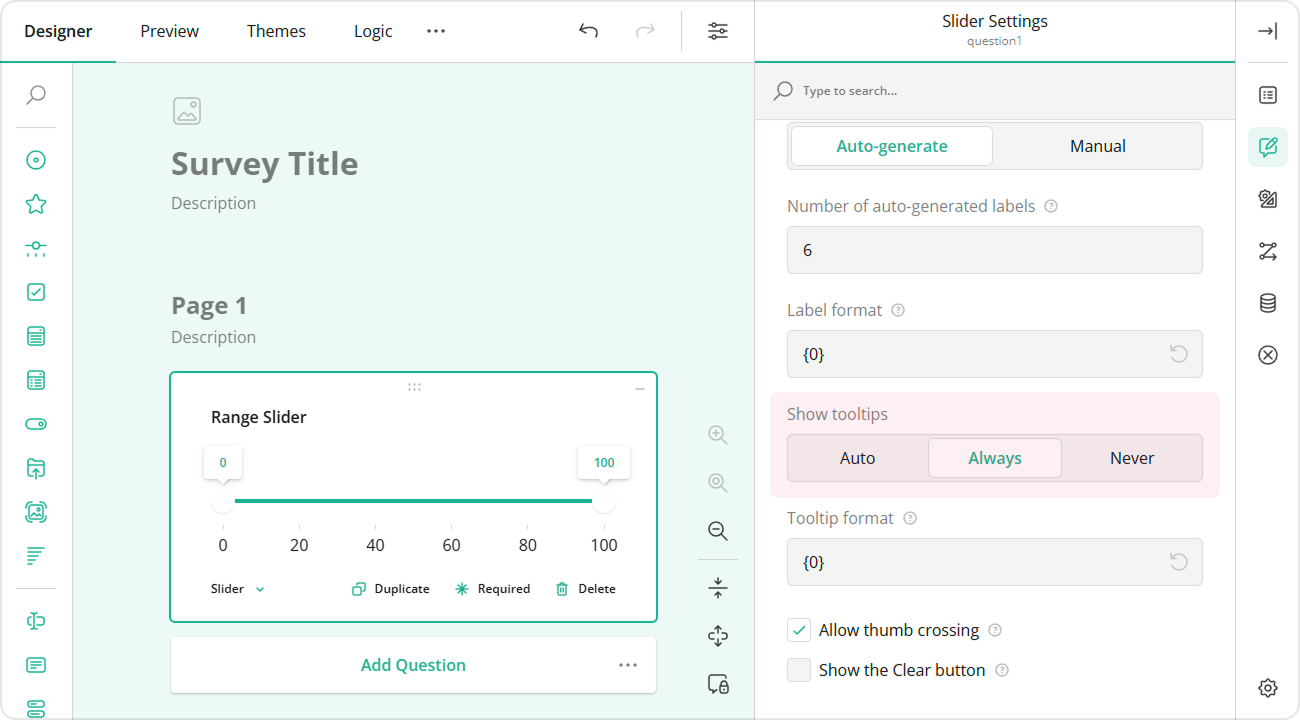 Survey Now Range Slider: Display thumb tooltips at all times