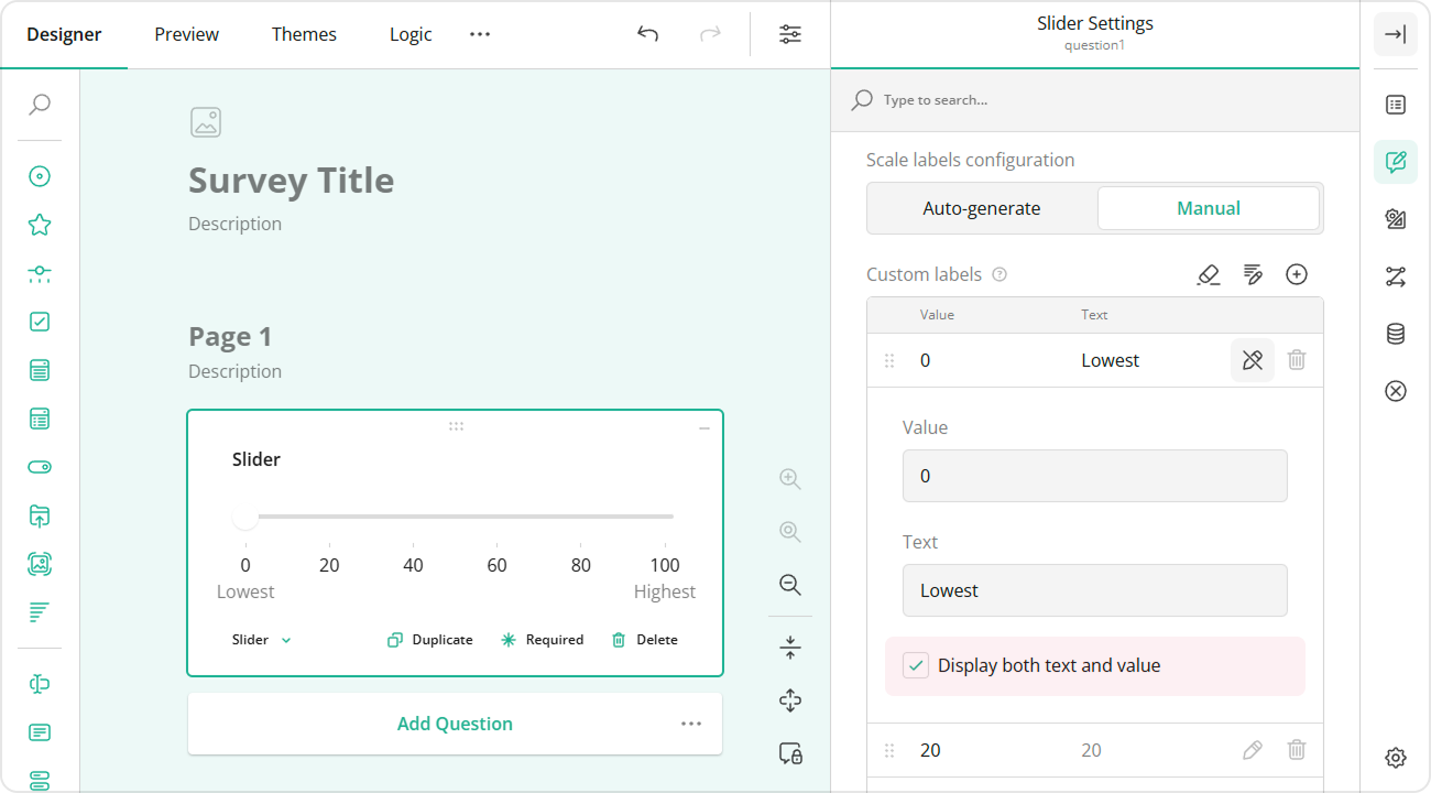 Survey Now Slider: Custom labels with text and value