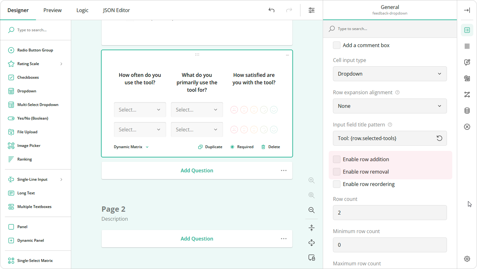 Disable row addition and removal in the Dynamic Matrix