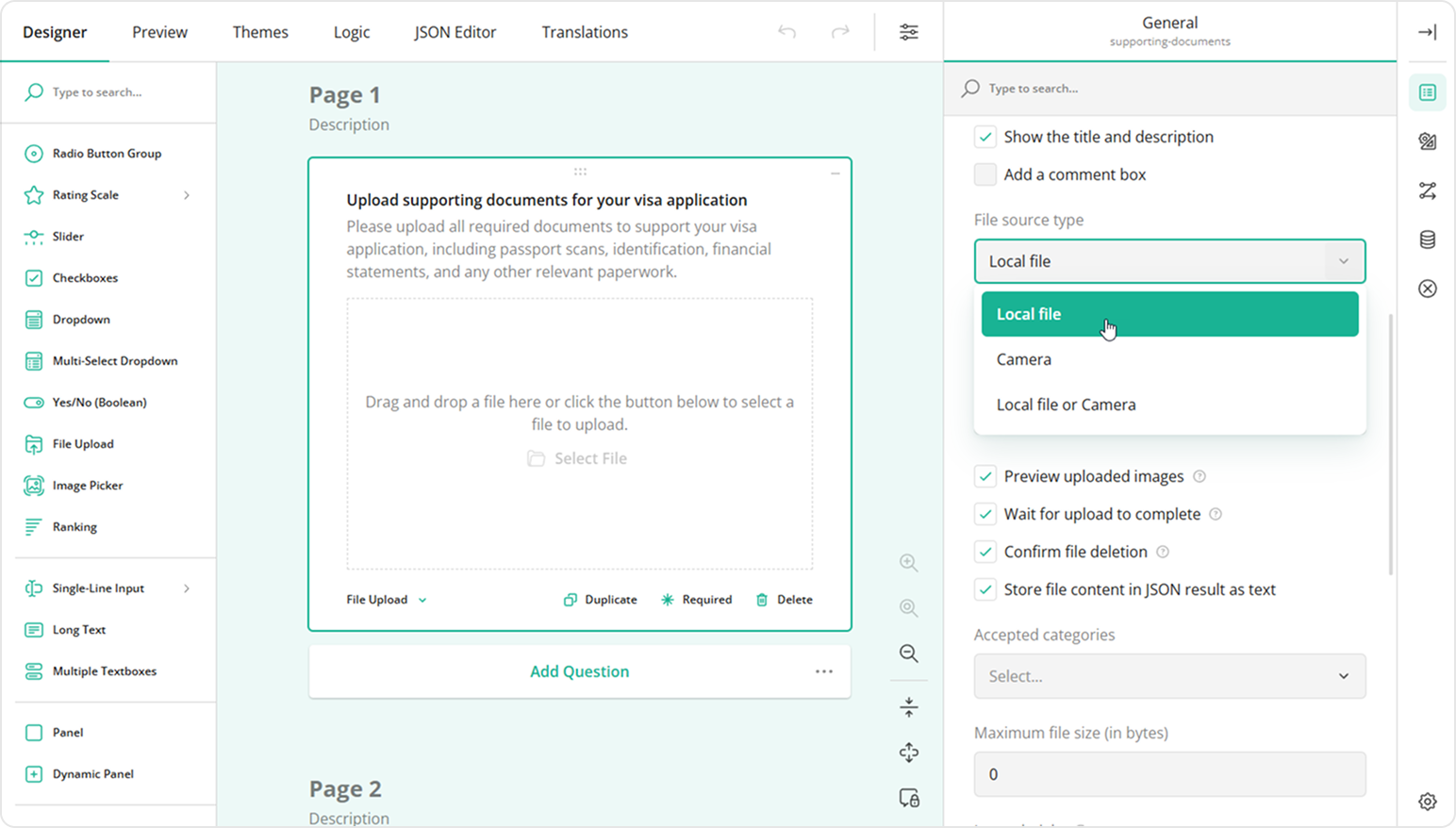 Set a file source type for your File Upload question.