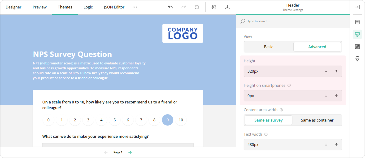Specify the survey header height
