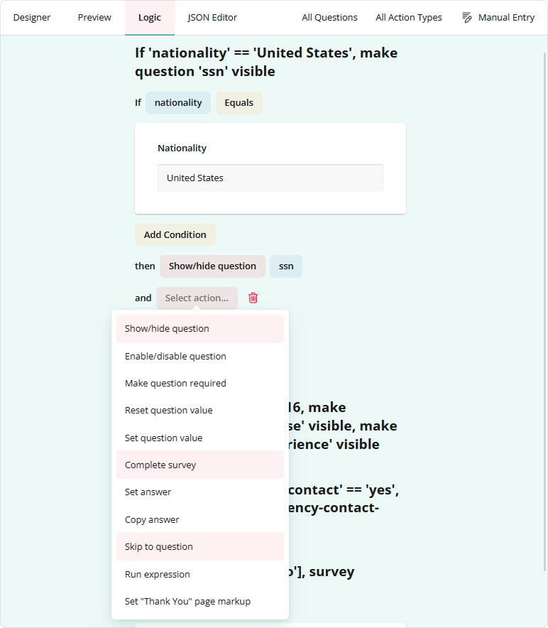 Survey Creator: Condition list in the Logic tab