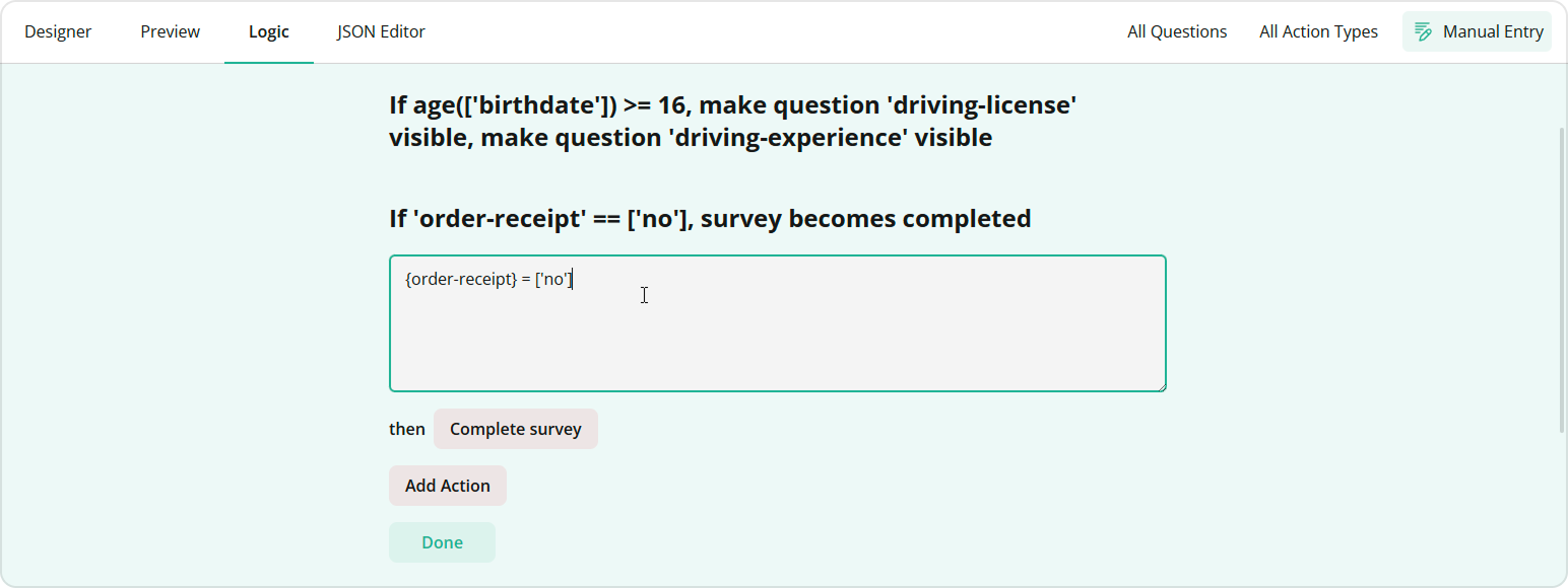 Survey Creator: Manual logic rule entry in the Logic tab
