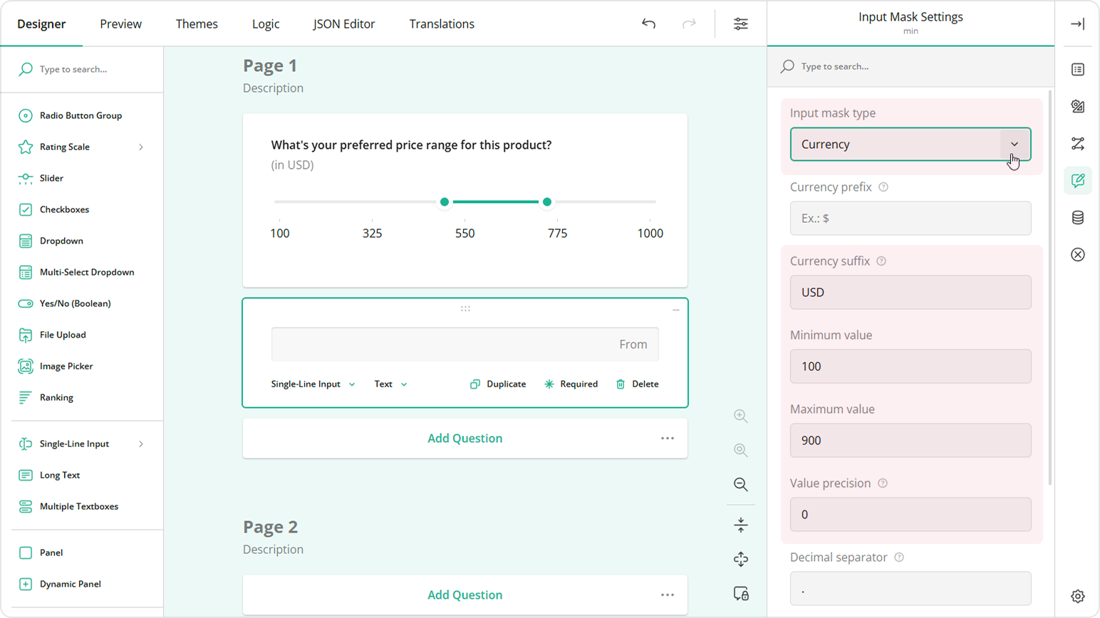 Input masking for the minimum value input field