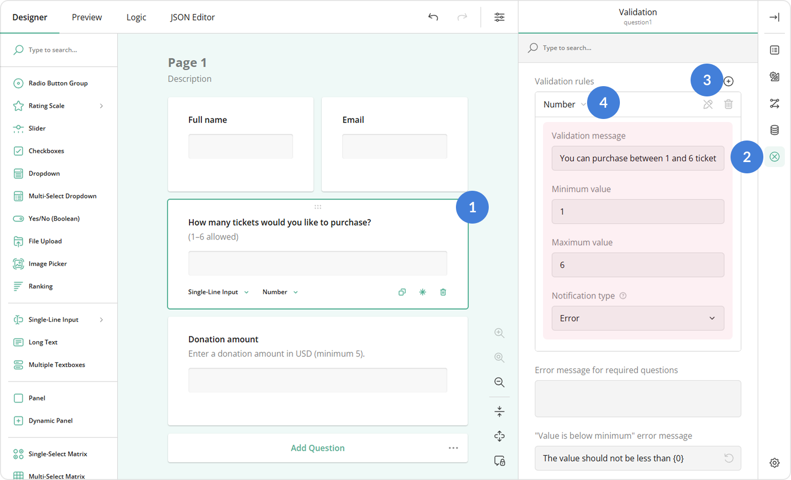 Create a validation rule using the Number validator