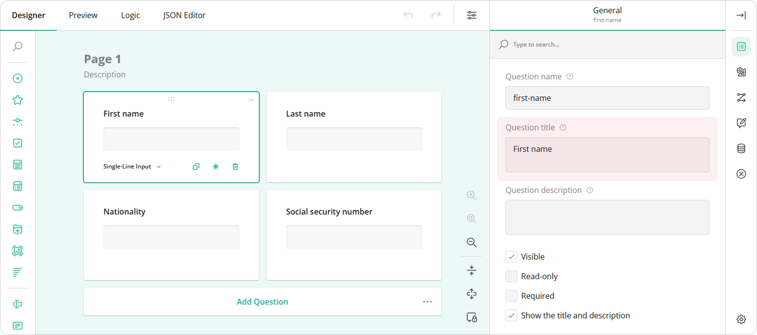 Survey Creator: "Question name" property
