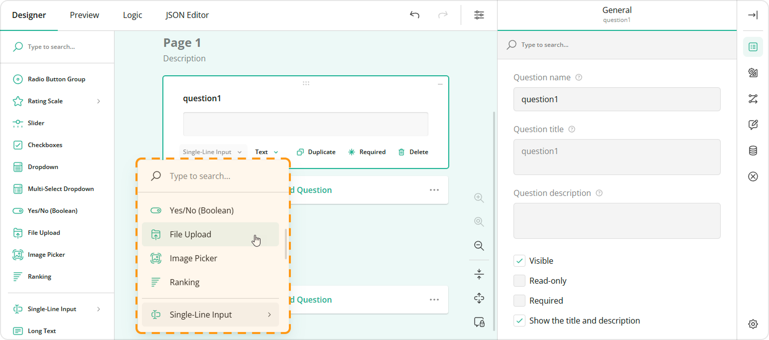 Survey Creator - Element type selector