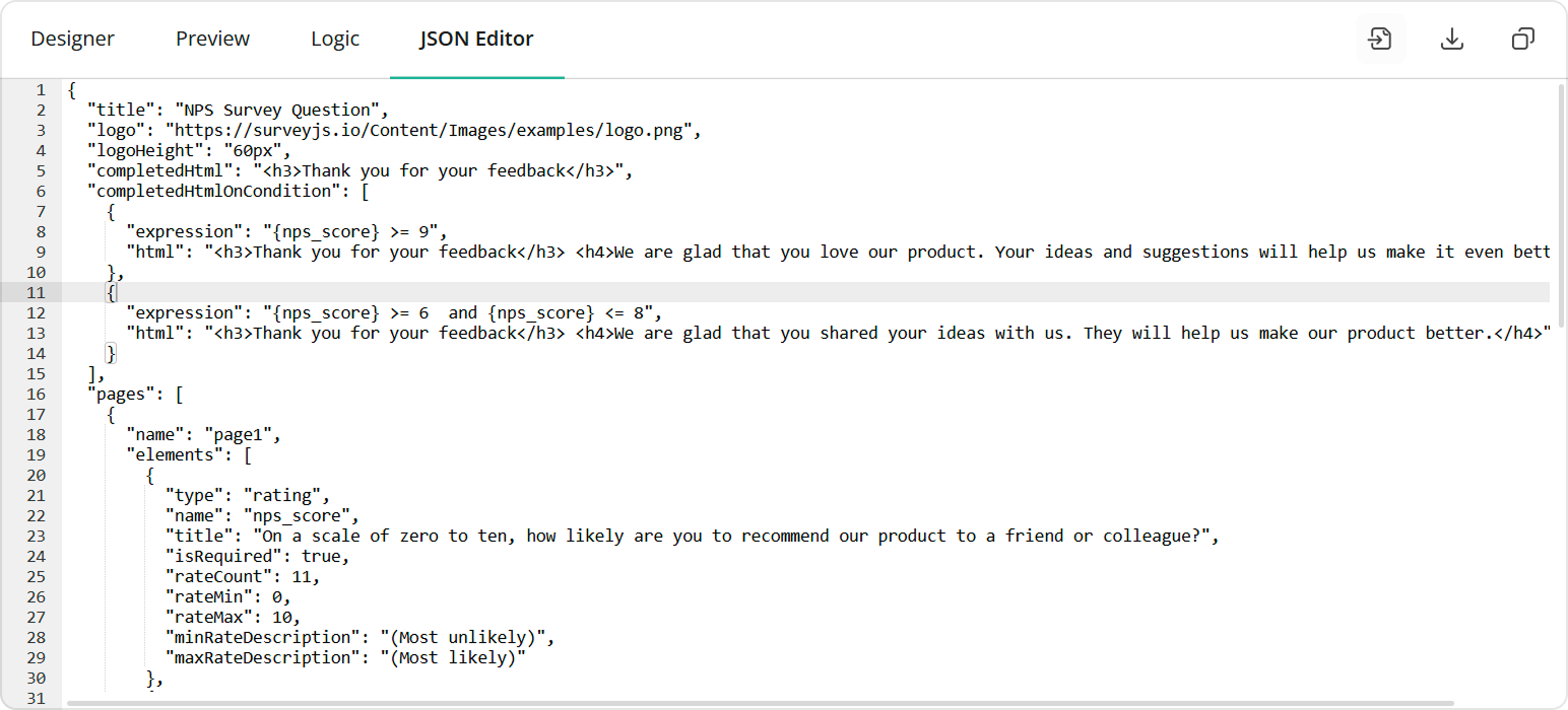Survey Creator - JSON Editor tab