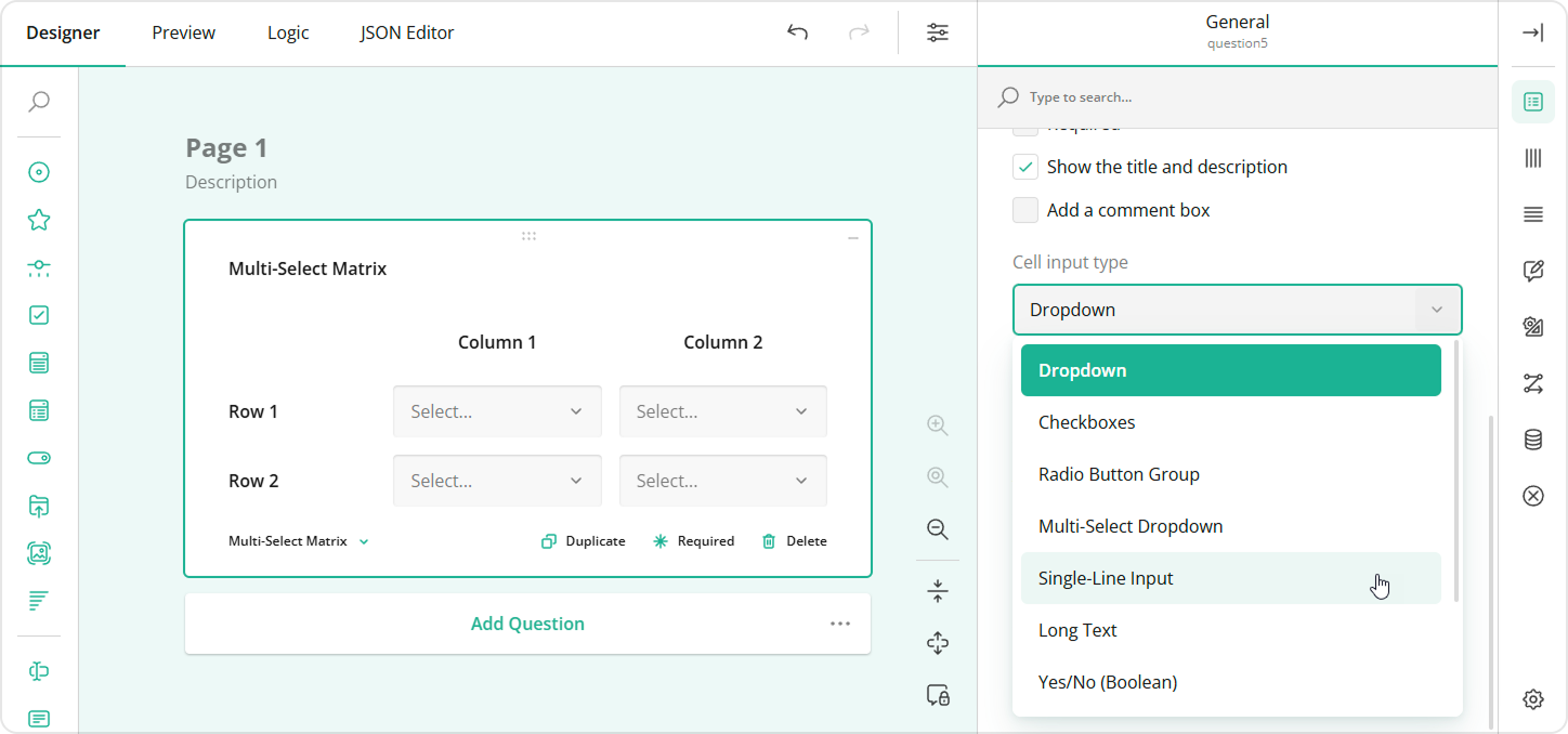Survey Creator - Matrix cell type