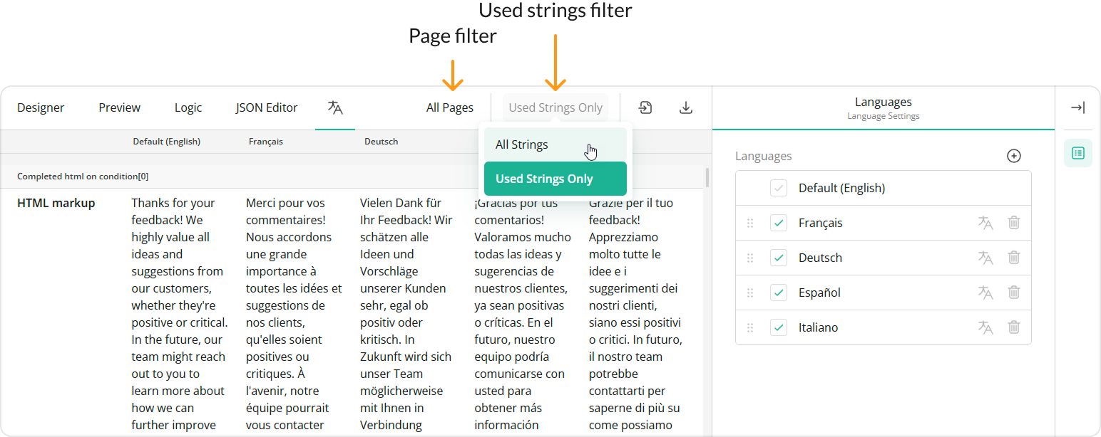 Survey Creator - Filter strings in the Translation tab
