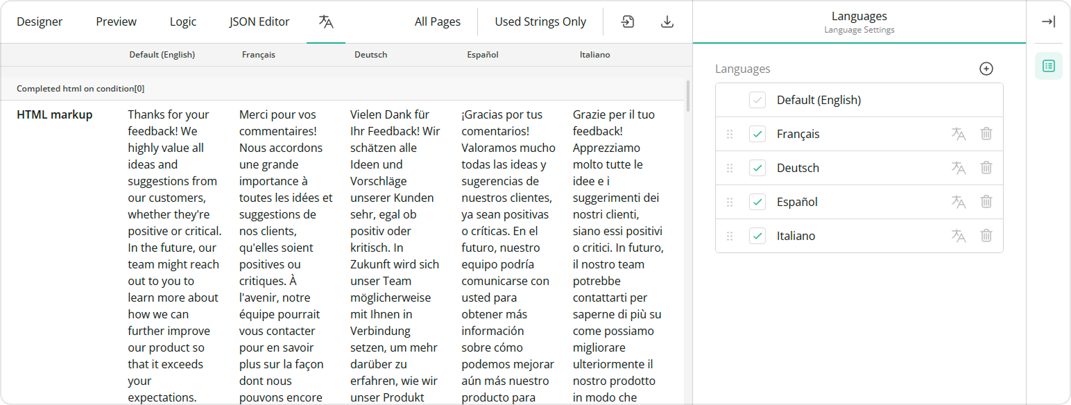 Survey Creator - Translation tab