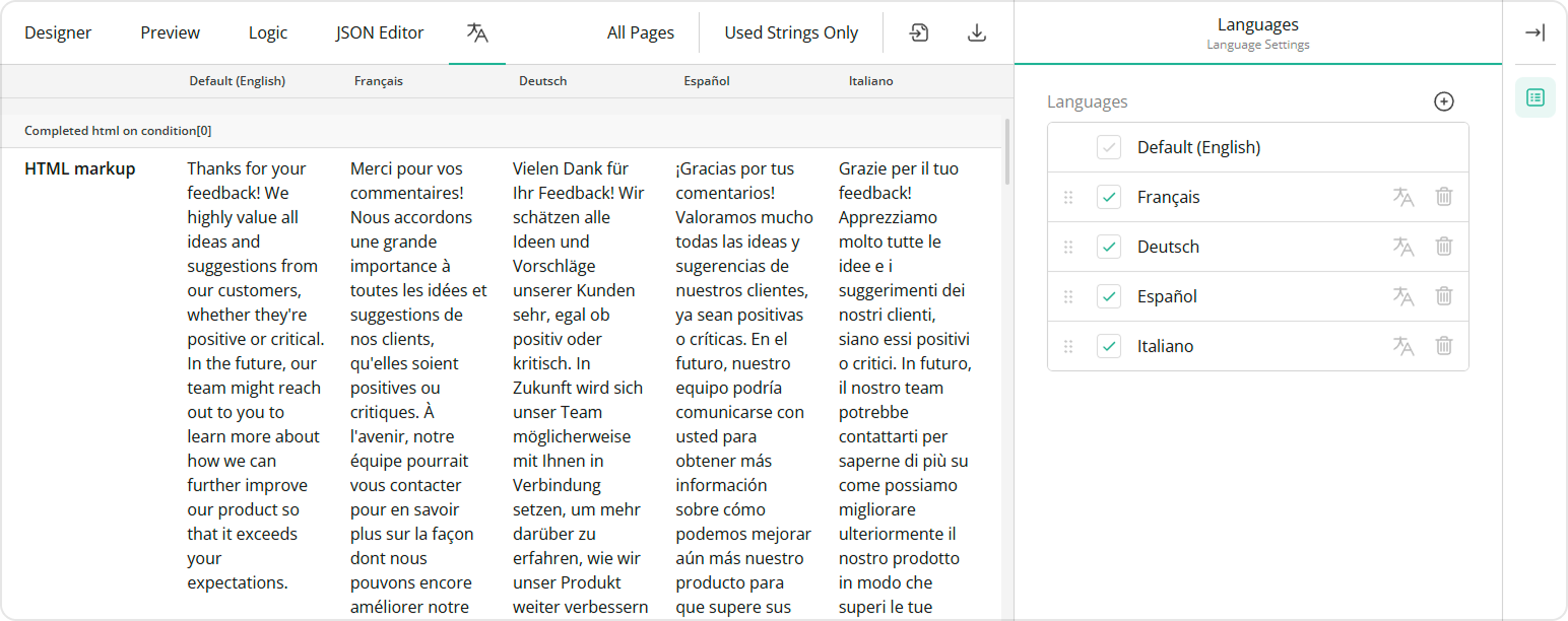 Survey Creator - Translation tab